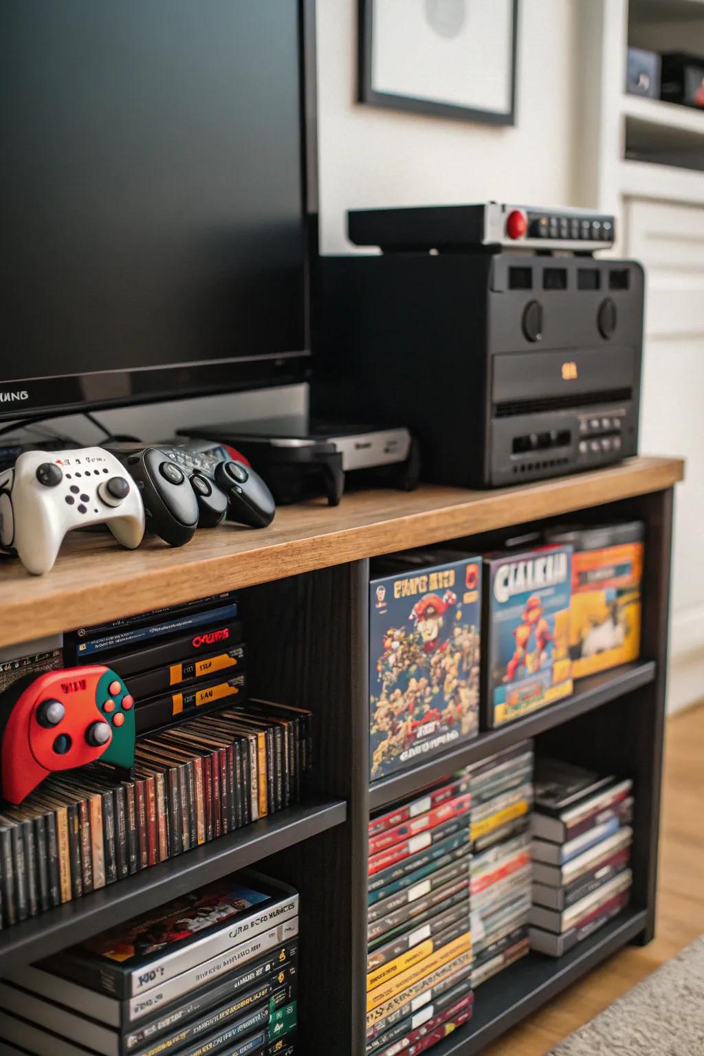 A multi-use television mount serving as both entertainment nexus and game archiving.