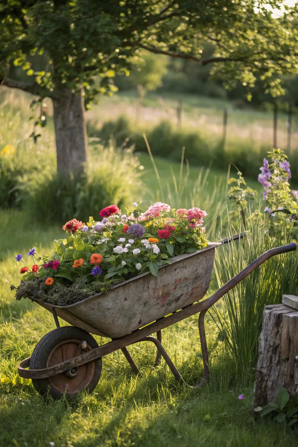 Wheelbarrows proffer a rustic and transportable garden characteristic.