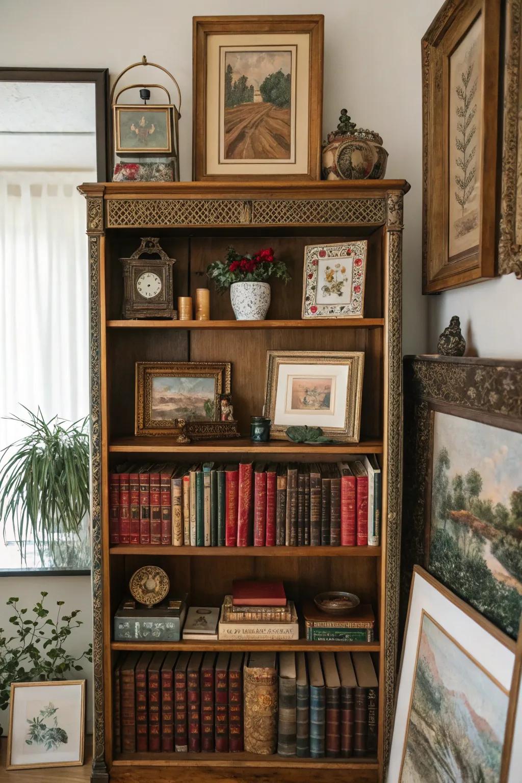 Layering art on shelves introduces richness and intrigue.