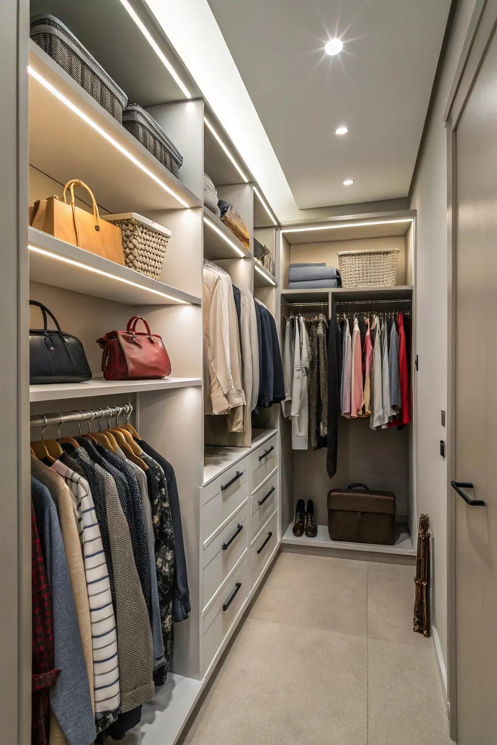 A walk-in closet optimizing high dimension by utilizing elevated racks and hooks.