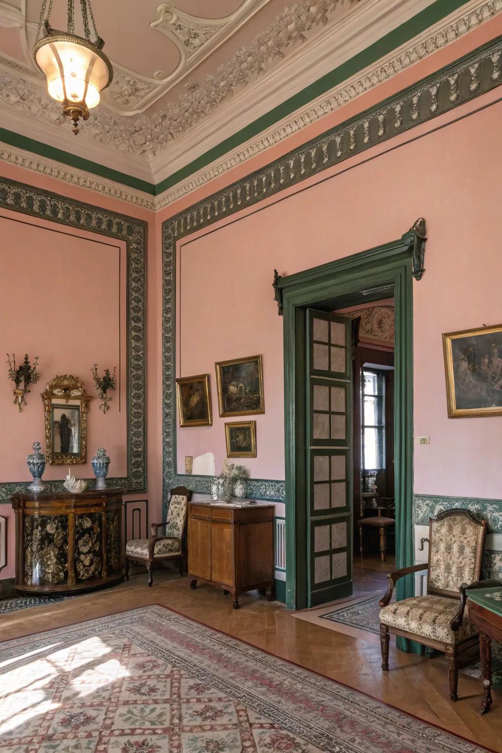 Vintage charm with rose walls and evergreen trim.