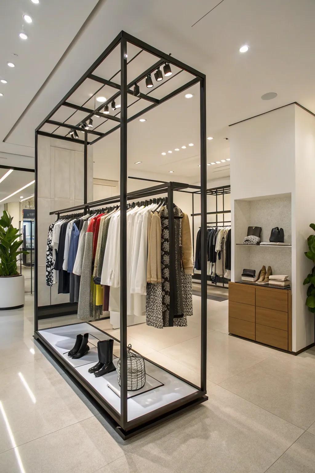 A modern corner space showcasing a creatively mounted clothing rack.