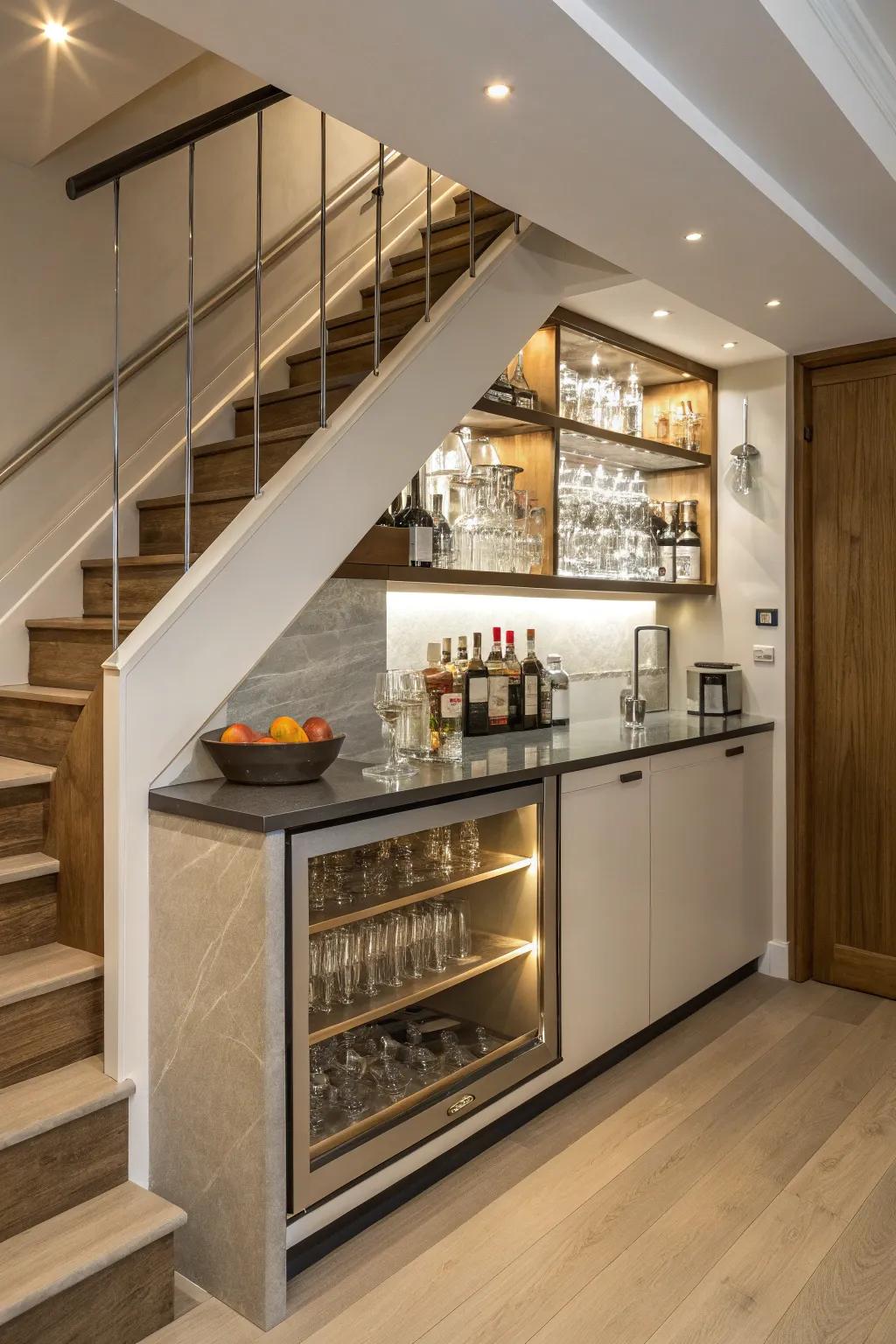 A mini bar beneath the stairs is ideal for hosting.