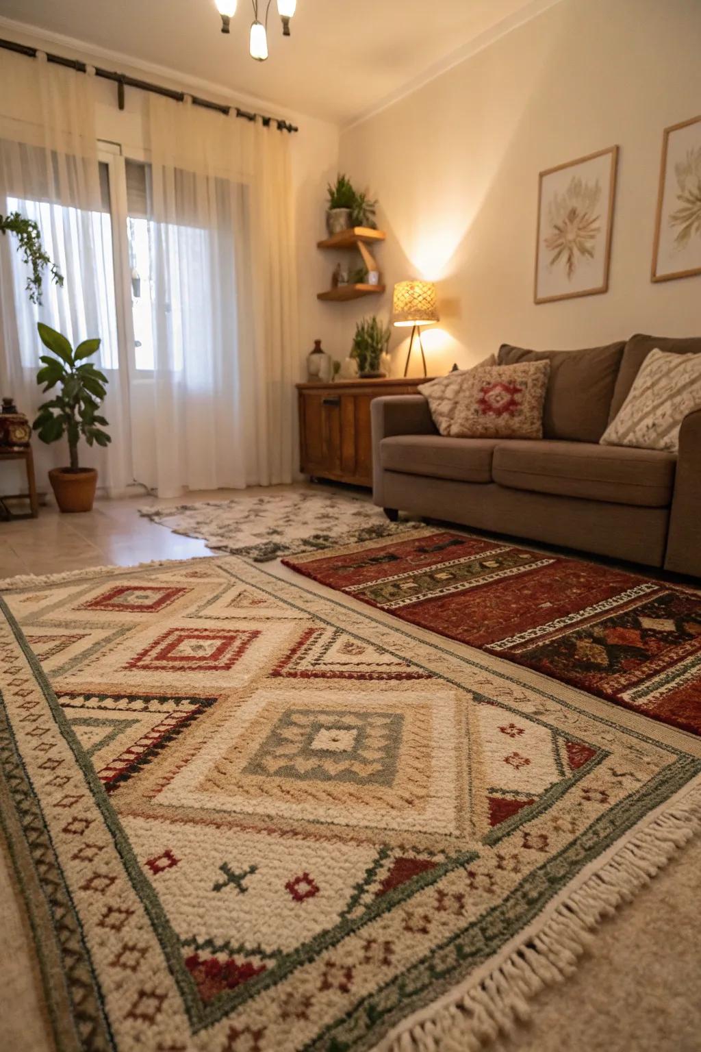 Layered floor coverings add depth to a neutral family room.