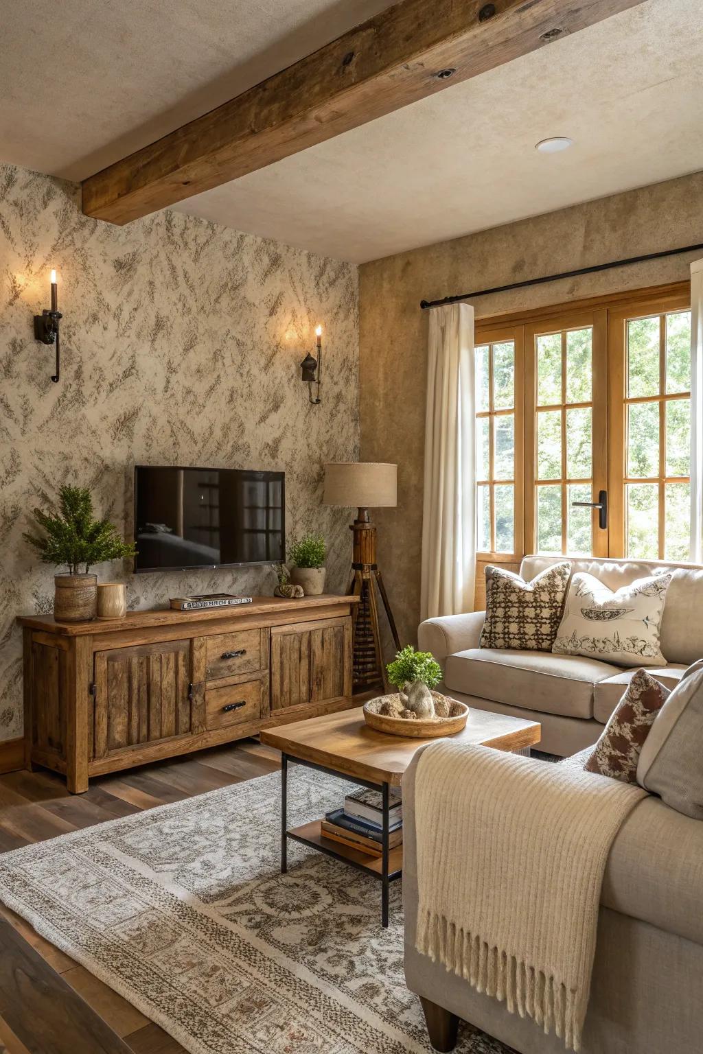 Embossed walls layer depth and persona to the room.