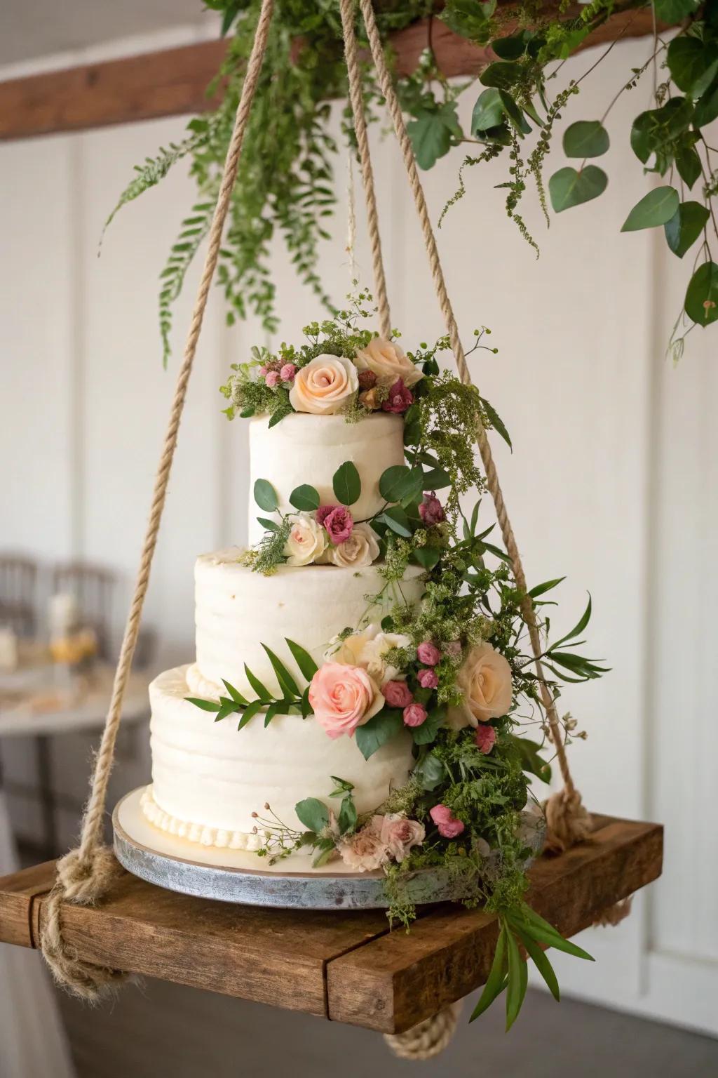 A suspended wedding cake that creates a dramatic and attention-grabbing display.
