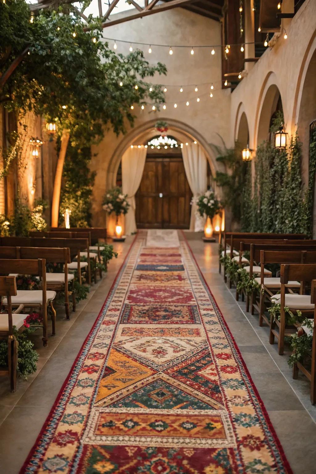 A wedding route decorated with historic textiles, incorporating a bohemian chic detail to the observance.