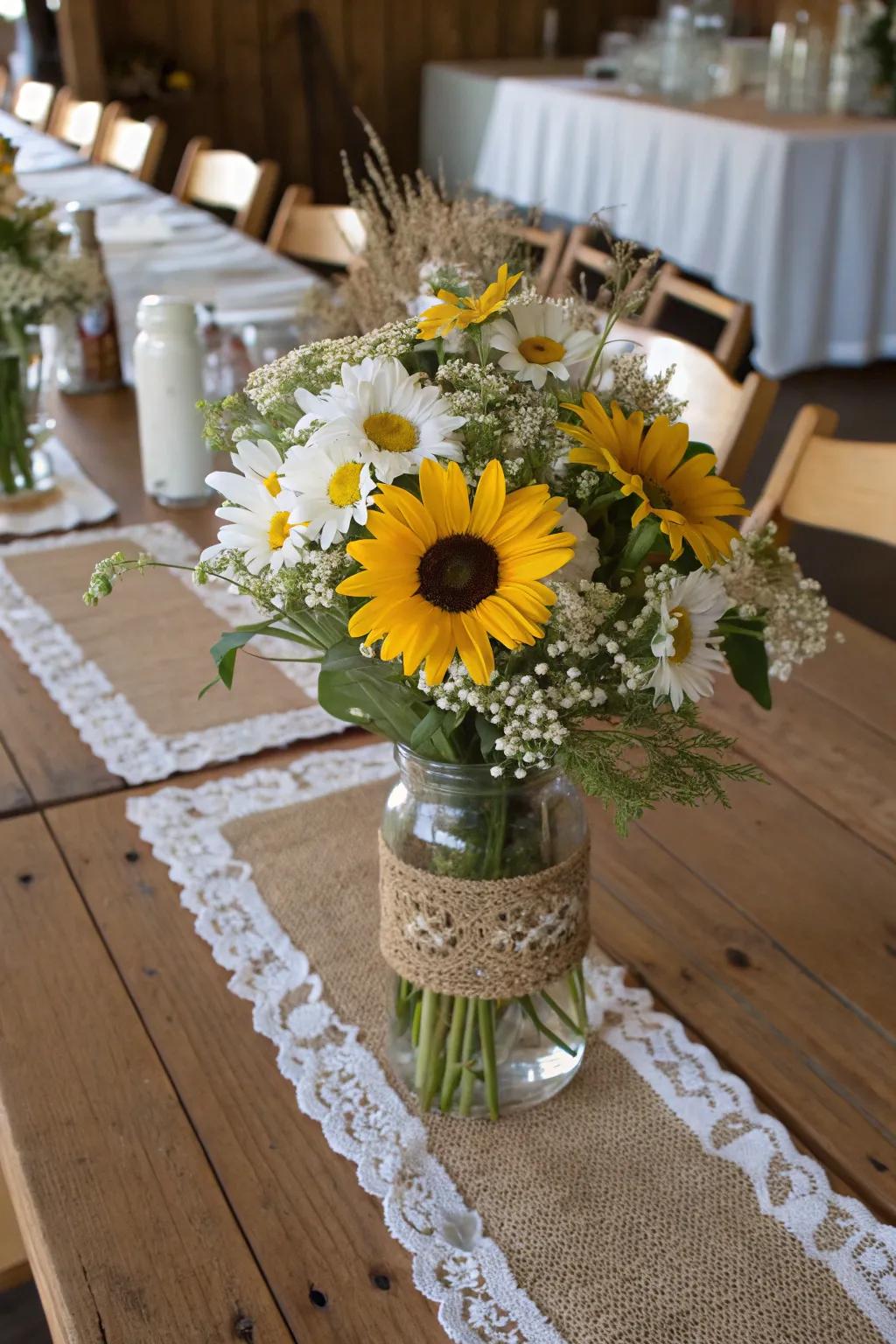 Homespun barn aesthetic featuring sunflowers and daisies