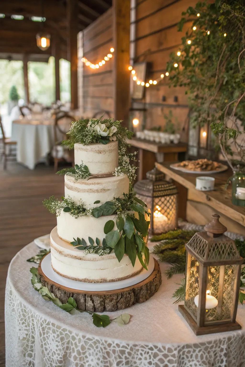 Cake adorned with layers of lavish foliage.