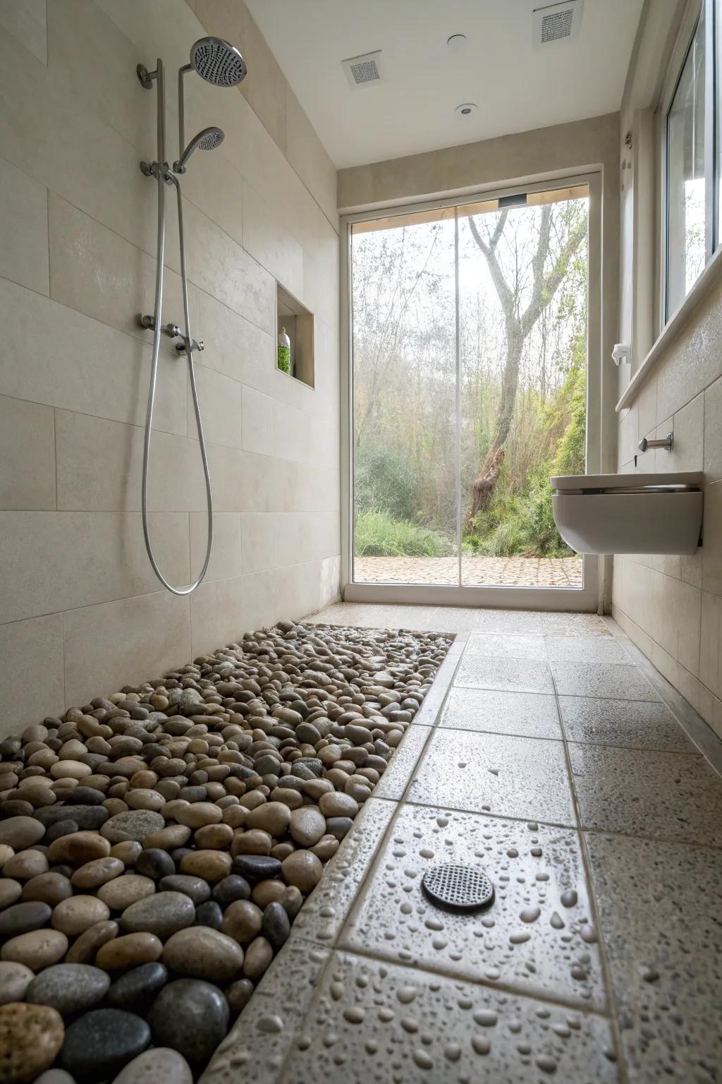 Small stone tiles impart an innate and soothing character to wet rooms.