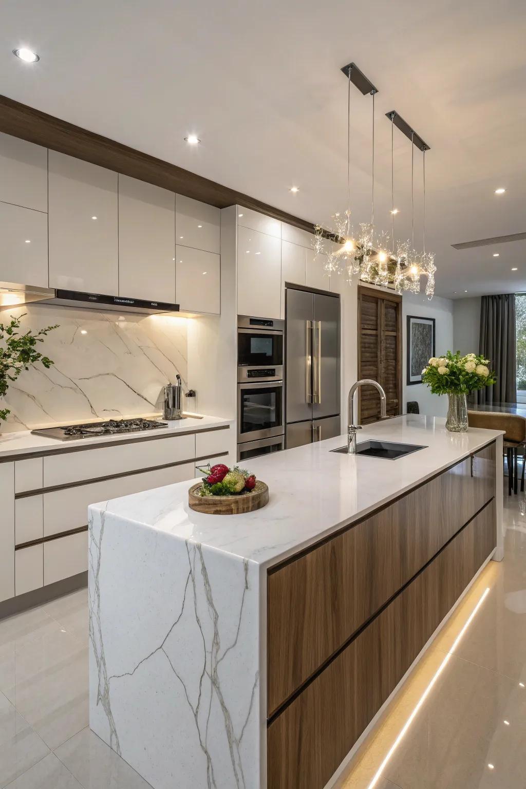 Glossy stone countertops offer a smooth, strong, and elegant kitchen solution.