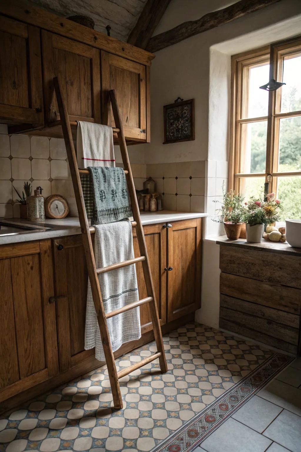 Reassign a vertical ladder for an appealing and singular kitchen towel exposition.