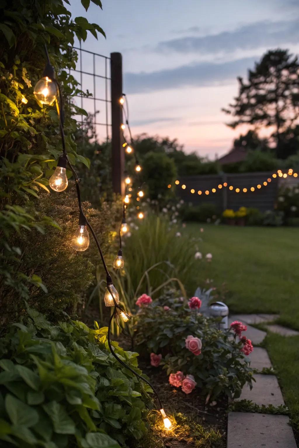 Sprite lights contribute an enchanting shimmer to gardens at twilight.