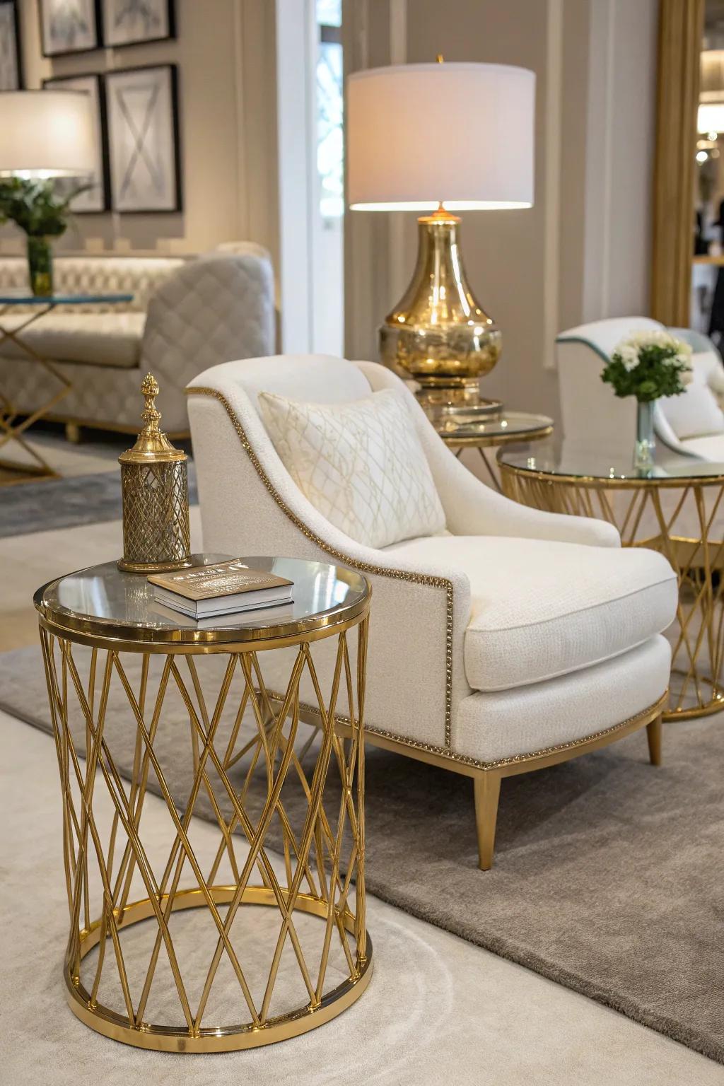 Gilded-edged side tables mix function with flair.