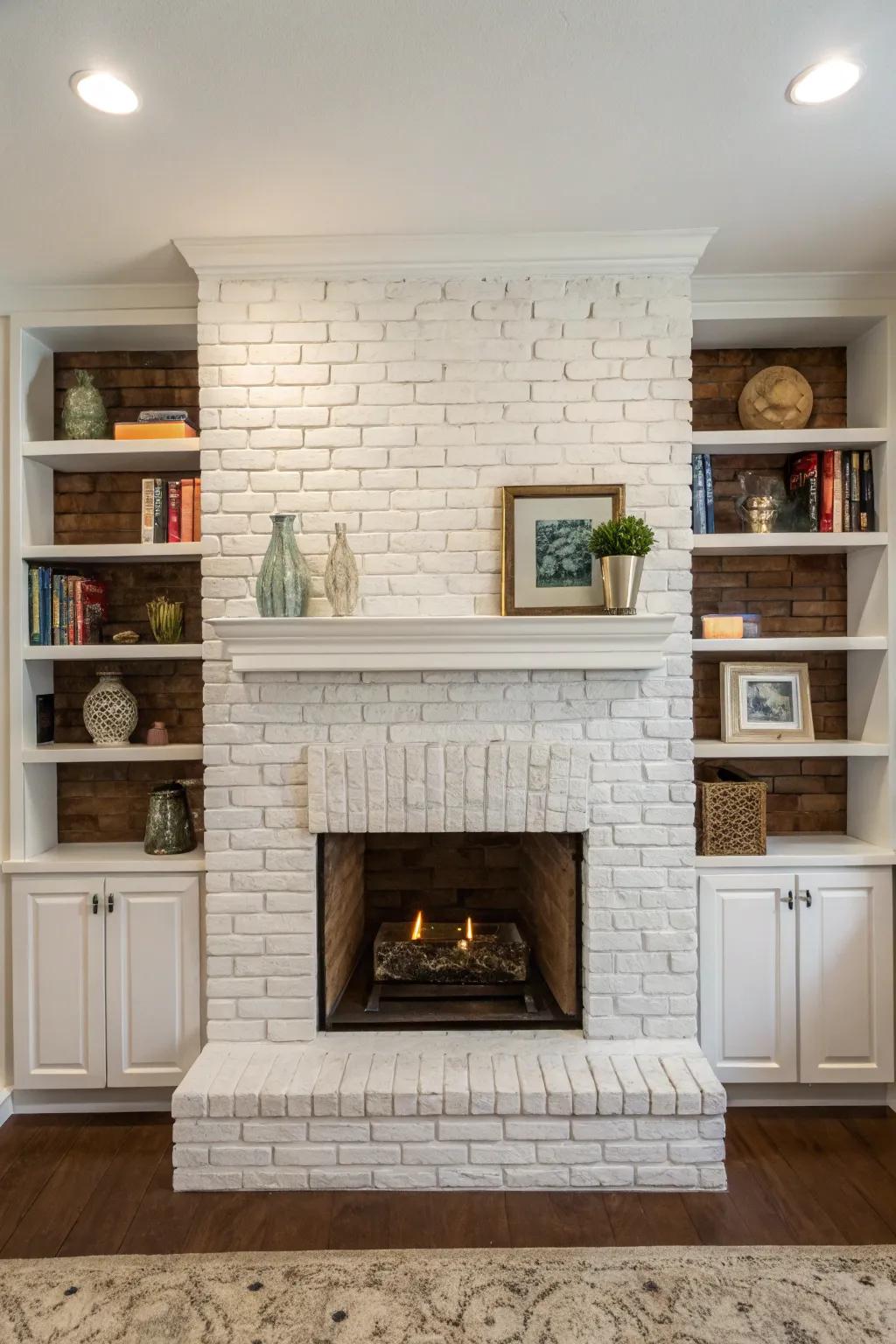Recessed shelves provide storage and style around the fireplace.