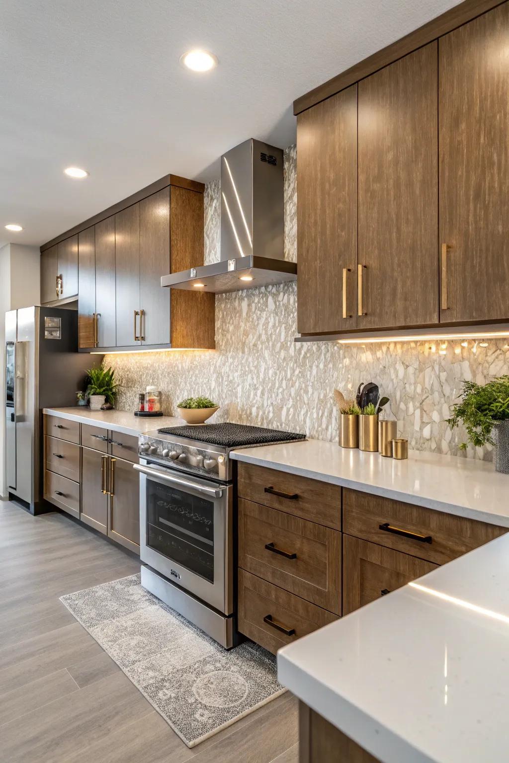 Luxurious kitchen mixes a stone composite backsplash with metallic accents.