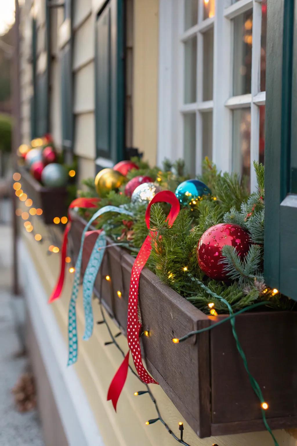 Holiday jubilation showcased through celebratory adornments within a window box