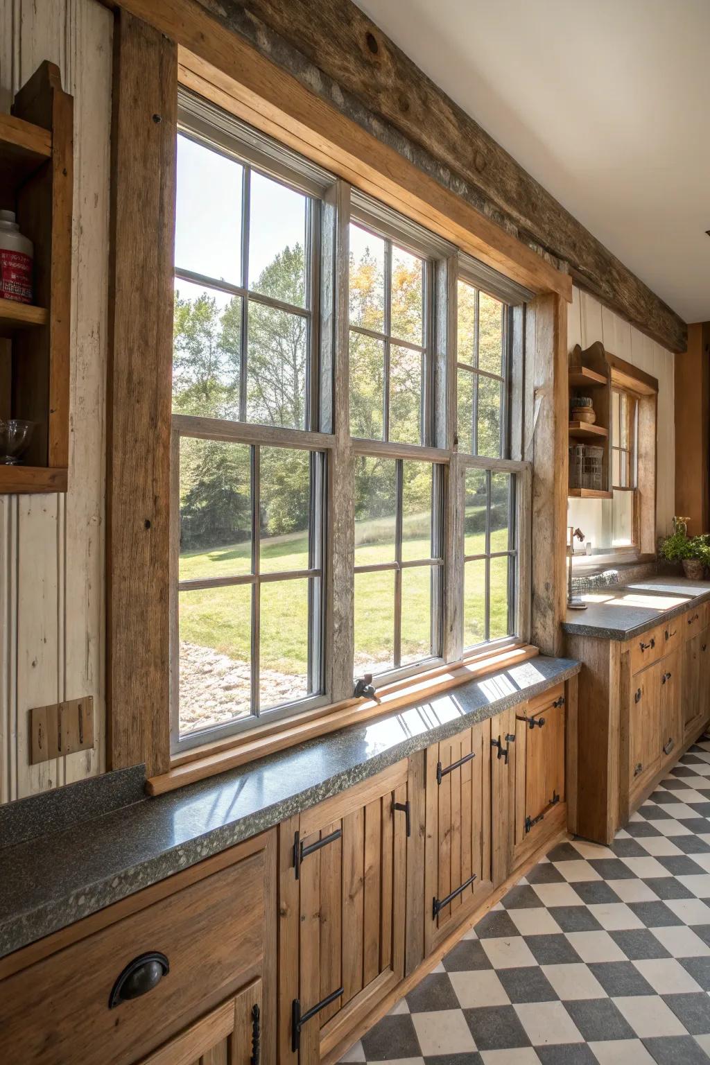 Farmhouse-style window structures show rustic elegance.