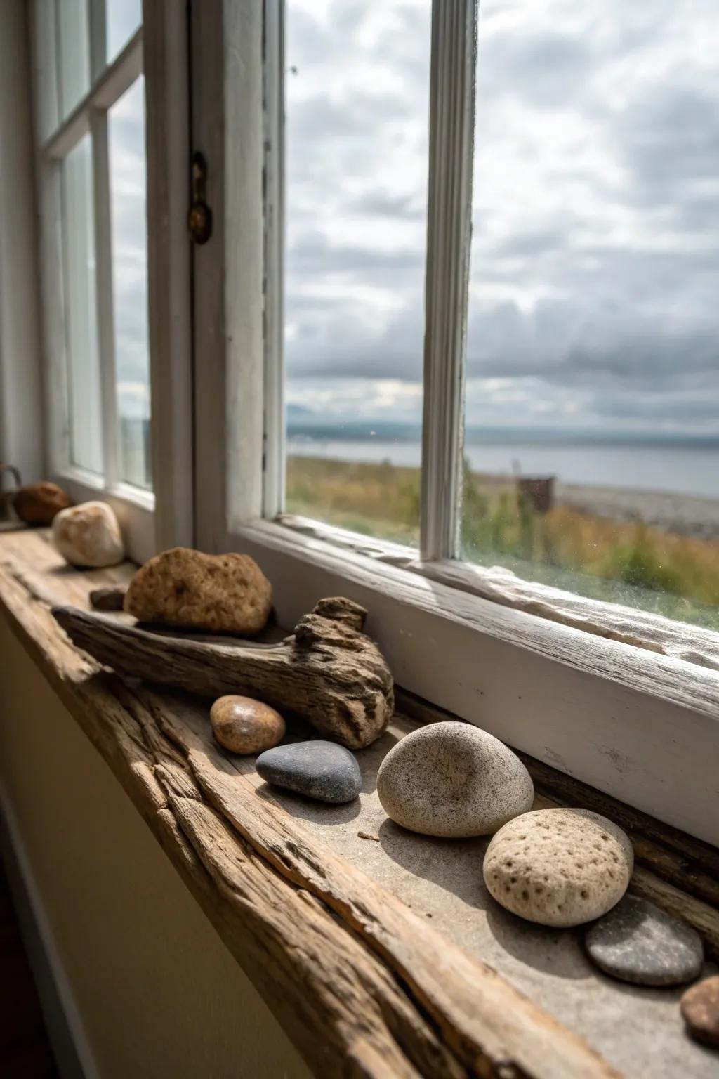 Nature-inspired items like stones and driftwood enhance this windowsill.