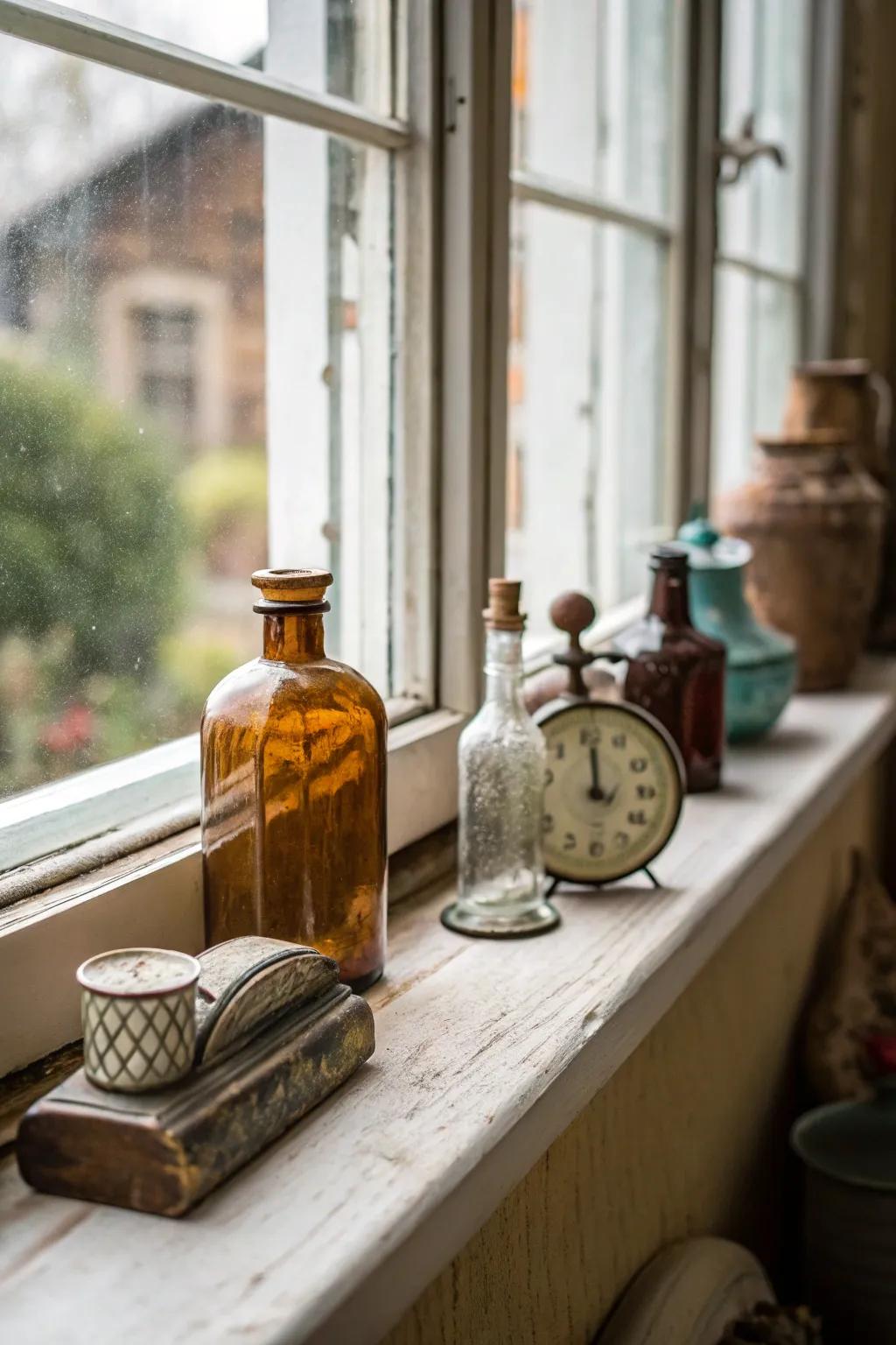 Antique selections contribute charm and narrative to the windowsill.