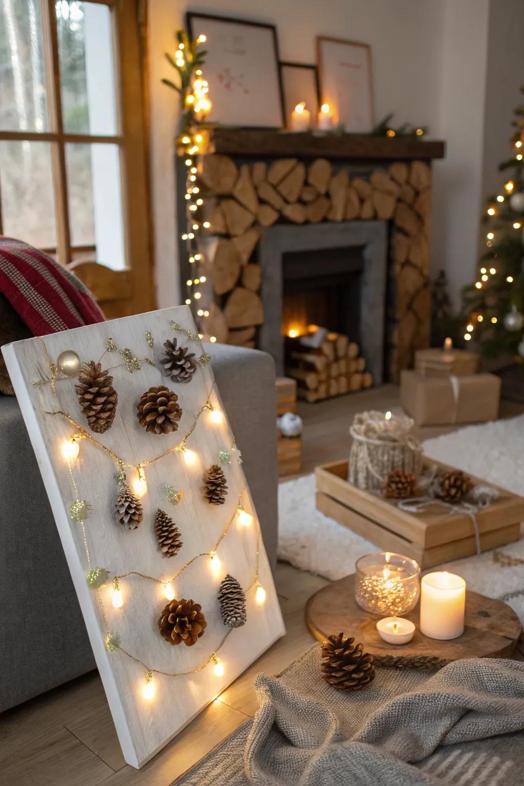 Incorporate a natural sparkle with cone buds and imitation snow.