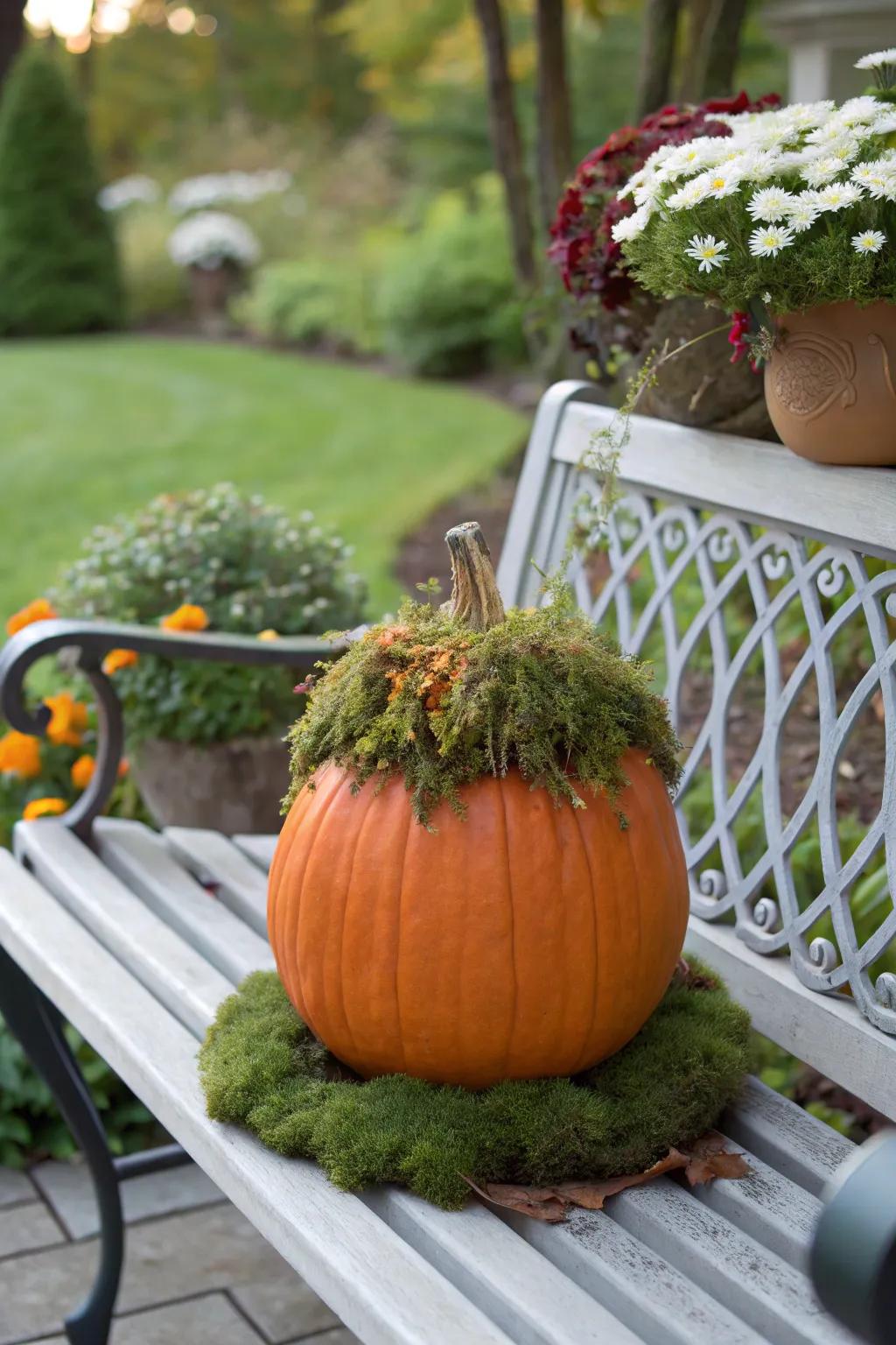 Jack-o'-lantern sporting quirky bryophyte enchantress tresses.