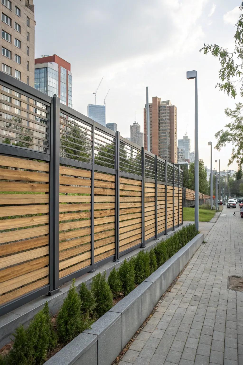A fence with horizontal wood slabs and metal edges.