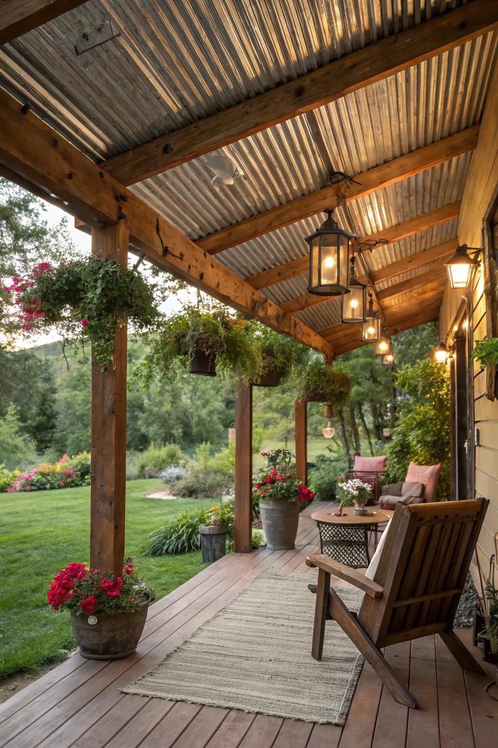 A rustic timber patio roof with a charming metal roof.