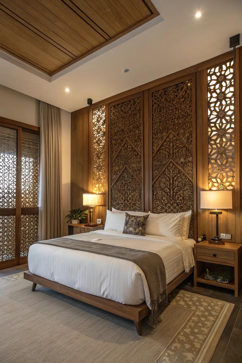 A serene bedroom with a symmetrical wood pattern enhancing the calm vibe.