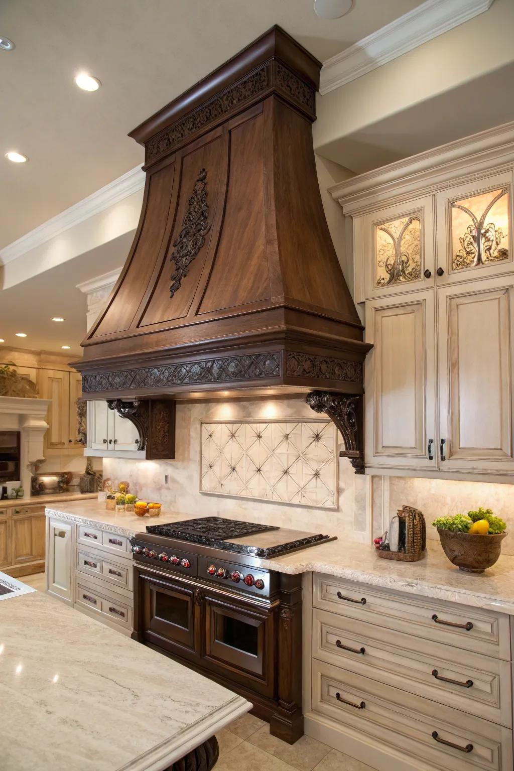 Abundant dark timbers deliver a dramatic and luxurious cooking area centerpiece.