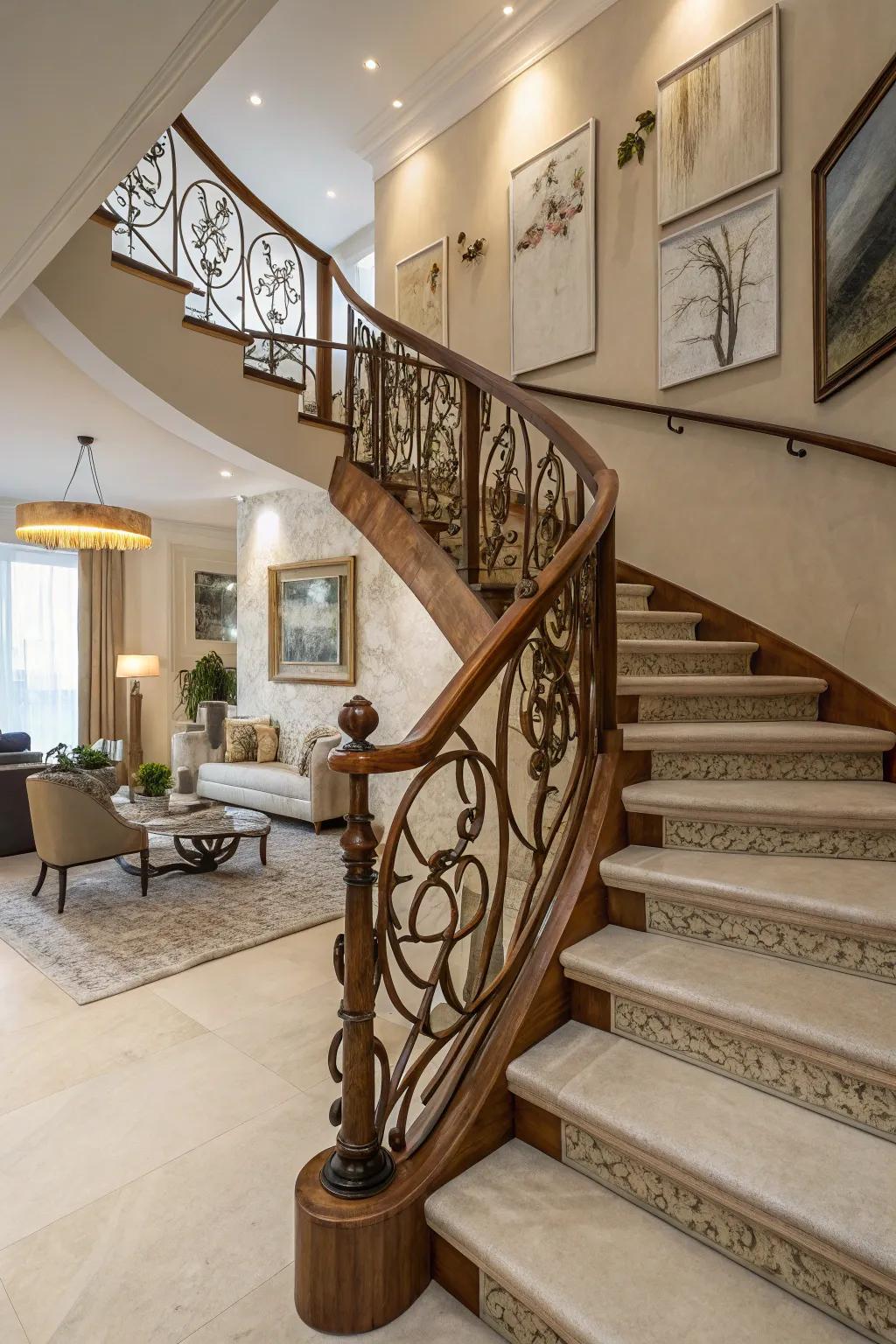 Artistic impact: sculptural handrails in a wooden railing.