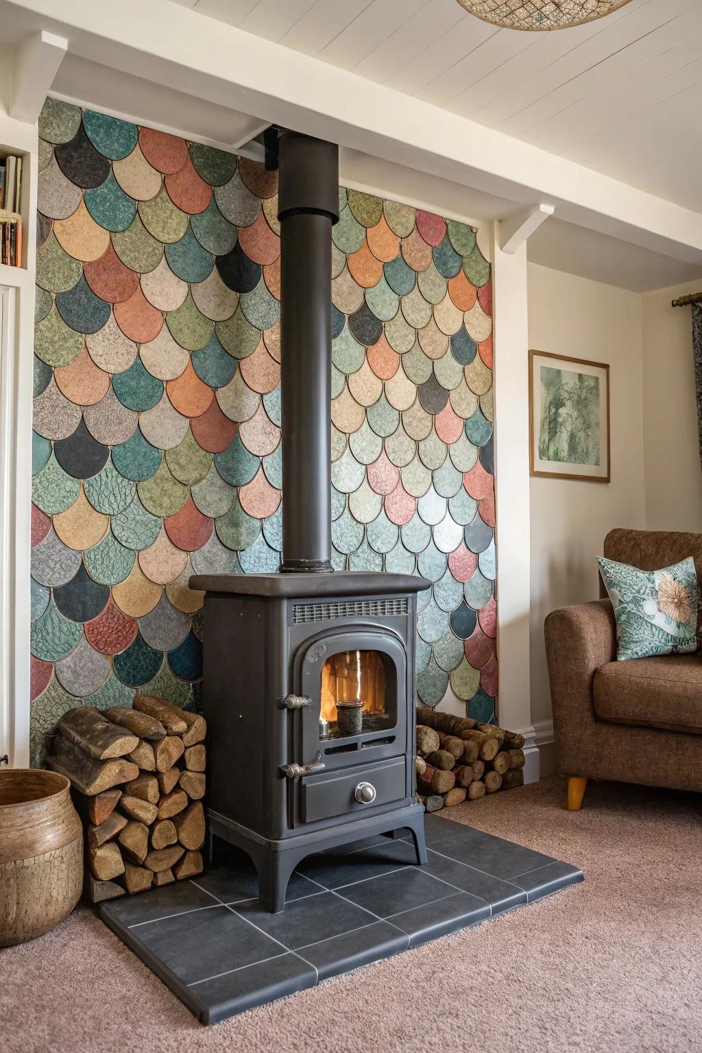 Fish scale tiles provide a playful and unique design around your wood stove.