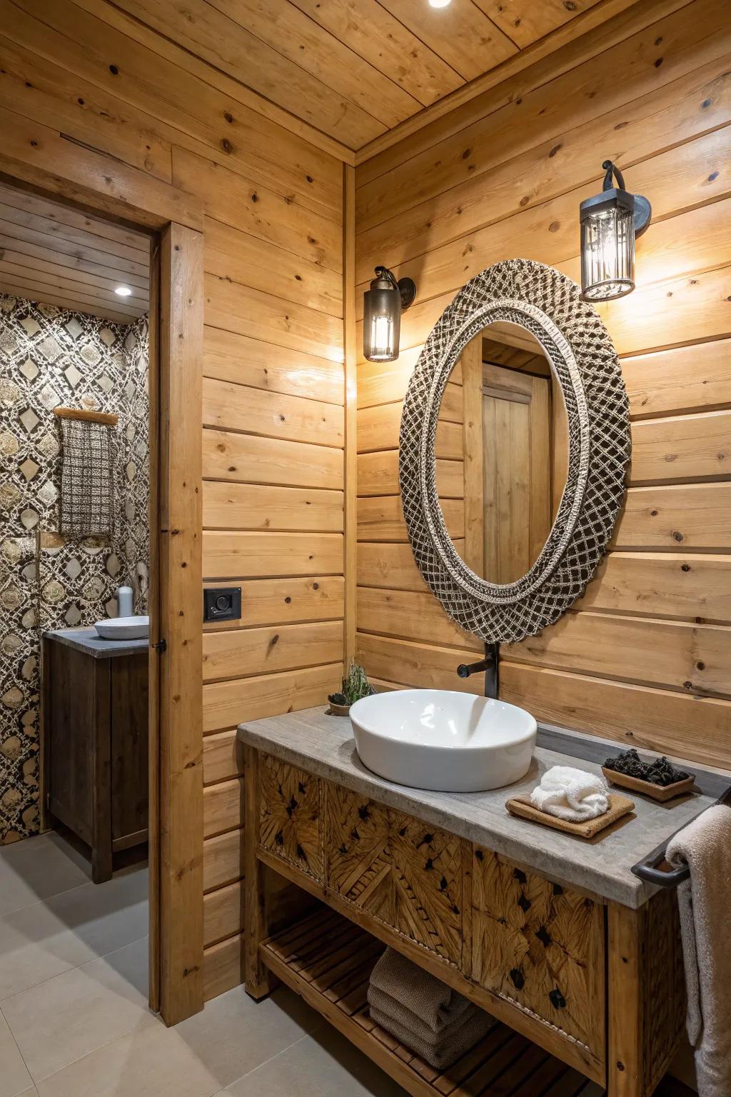 A distinct glass adds personality in this wood-walled bathroom.