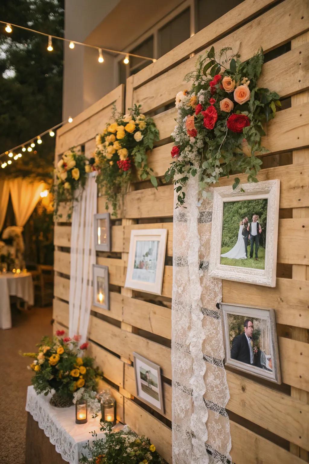 A timber pallet feature offers a rustic and adaptable wedding scene.