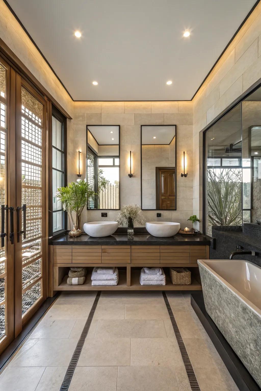Symmetry imparts a sense of equilibrium to a zen bathroom.