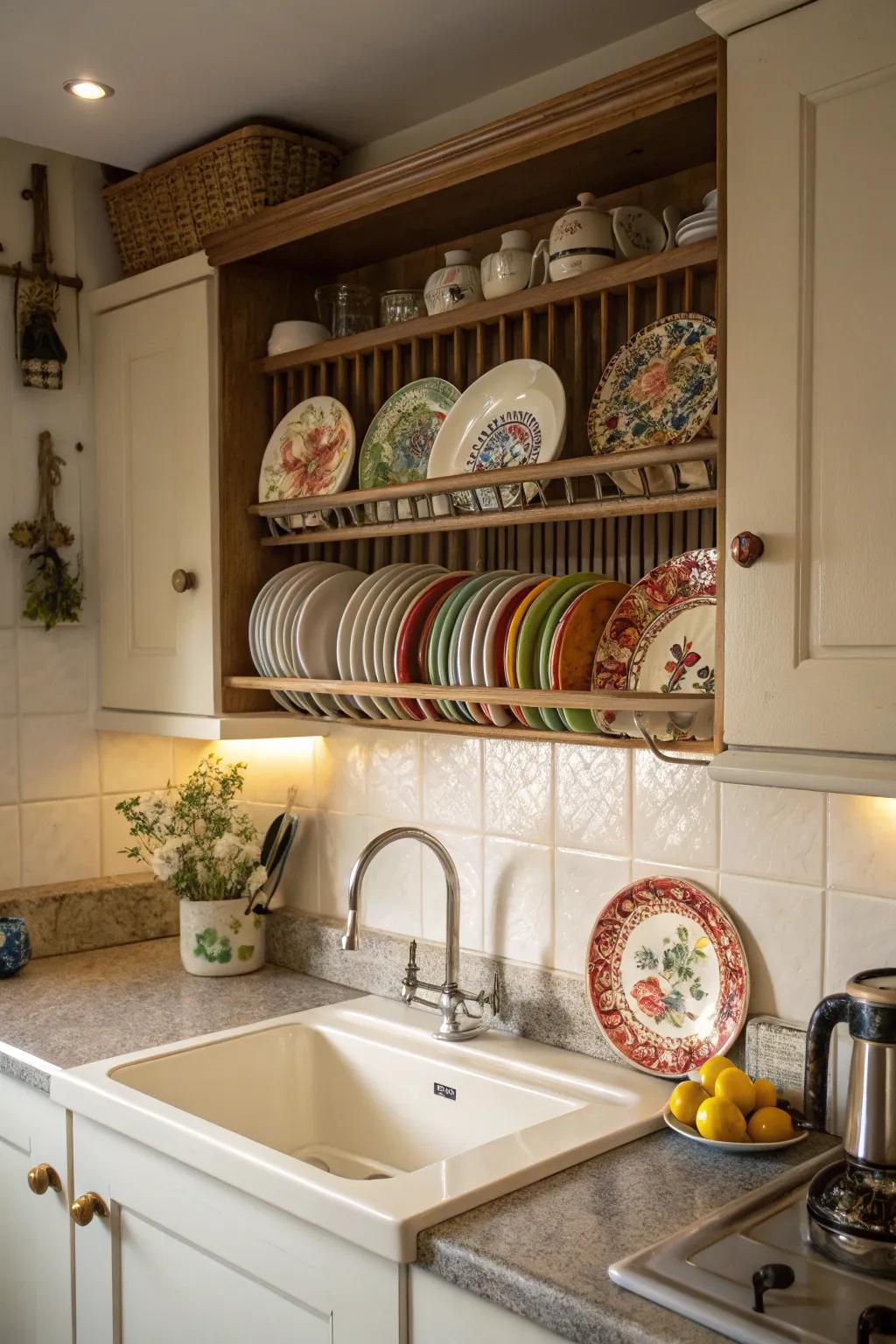Plate racks offer vintage charm and practical storage.