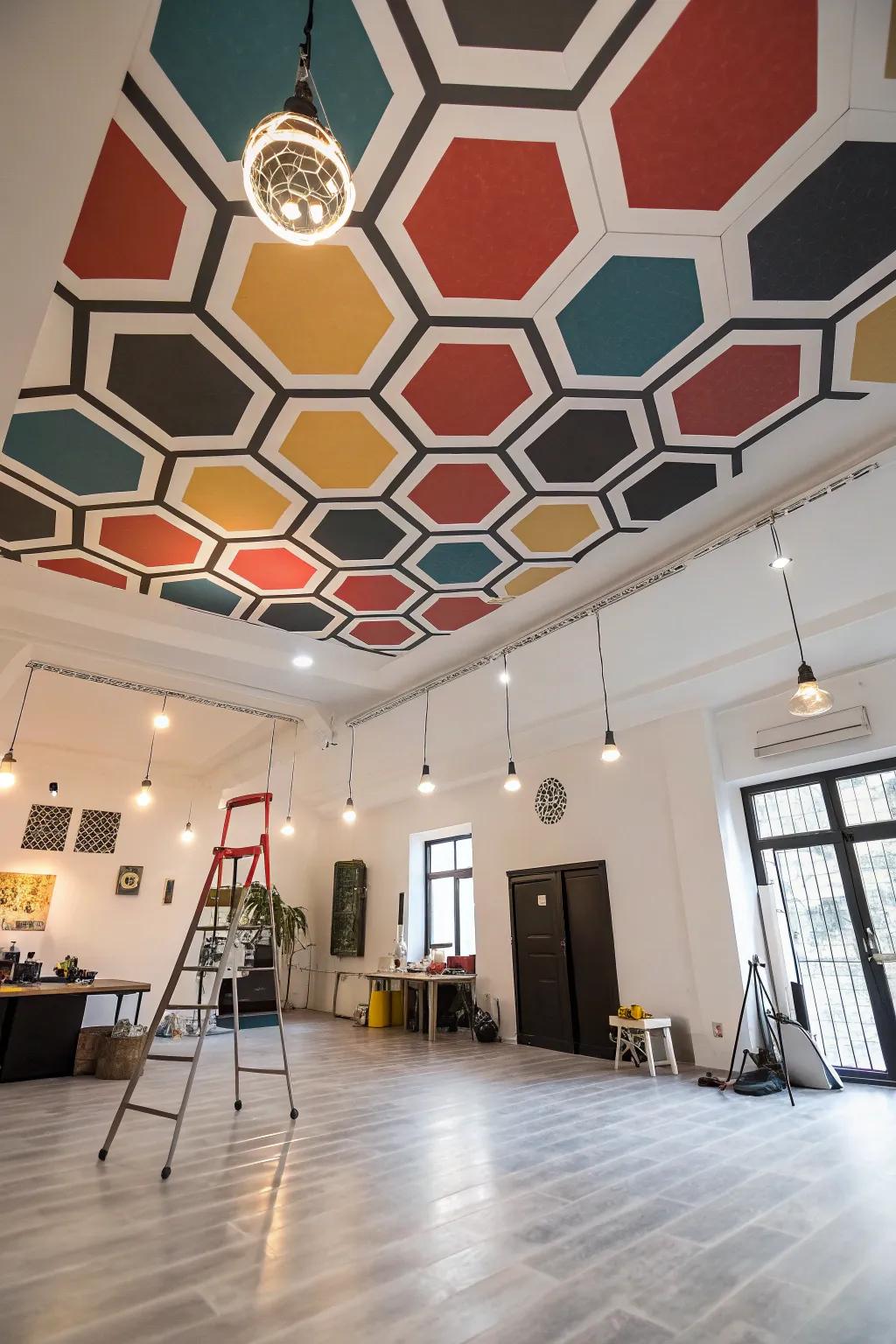 Geometric patterns inject a dramatic flair into this workspace ceiling.