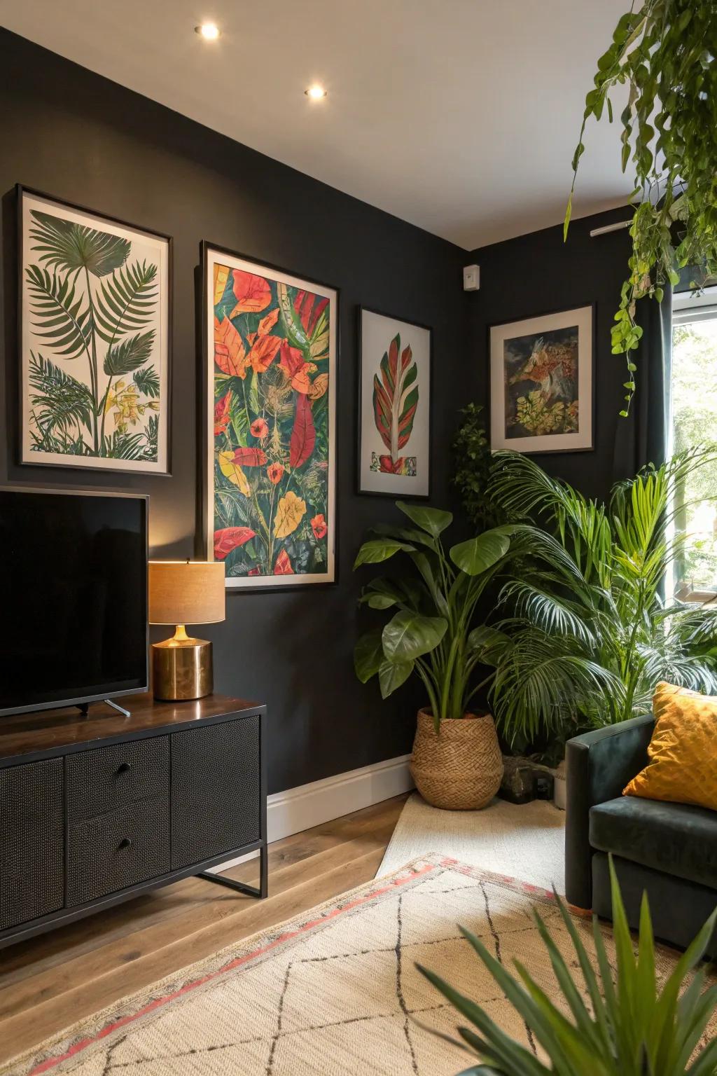 A bold living room featuring a striking black accent wall.