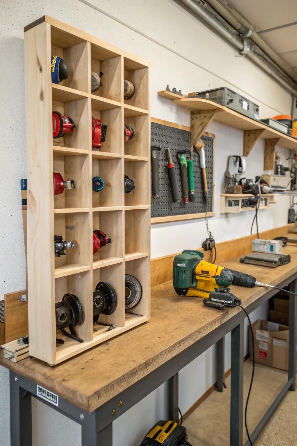 Small wall cubby for tidy and easy-to-see angle grinder storing.