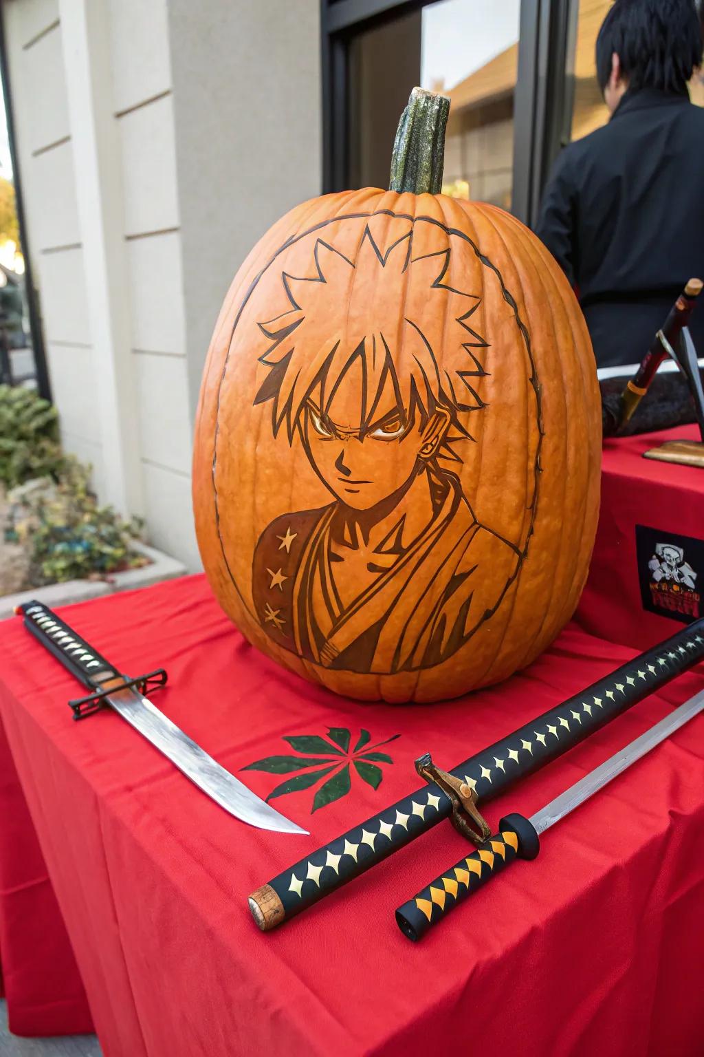 Honor your preferred anime hero with a sculpted pumpkin homage.