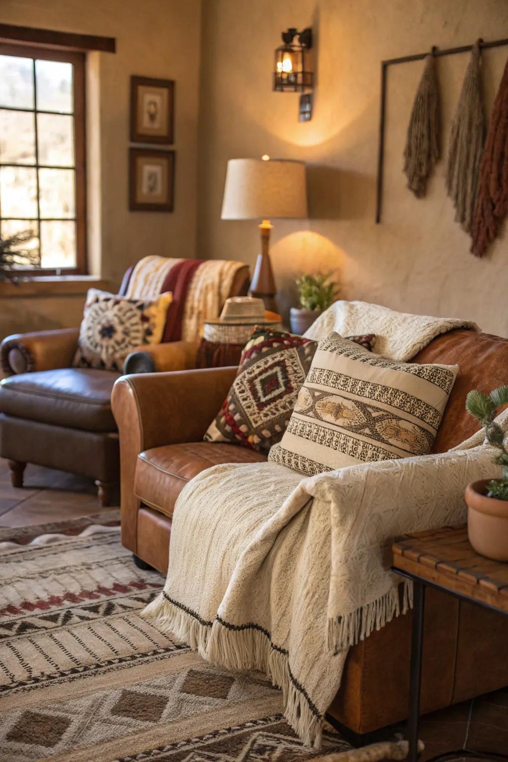Textured throws and cushions enhance the comfort and fashion of an Arizona room.