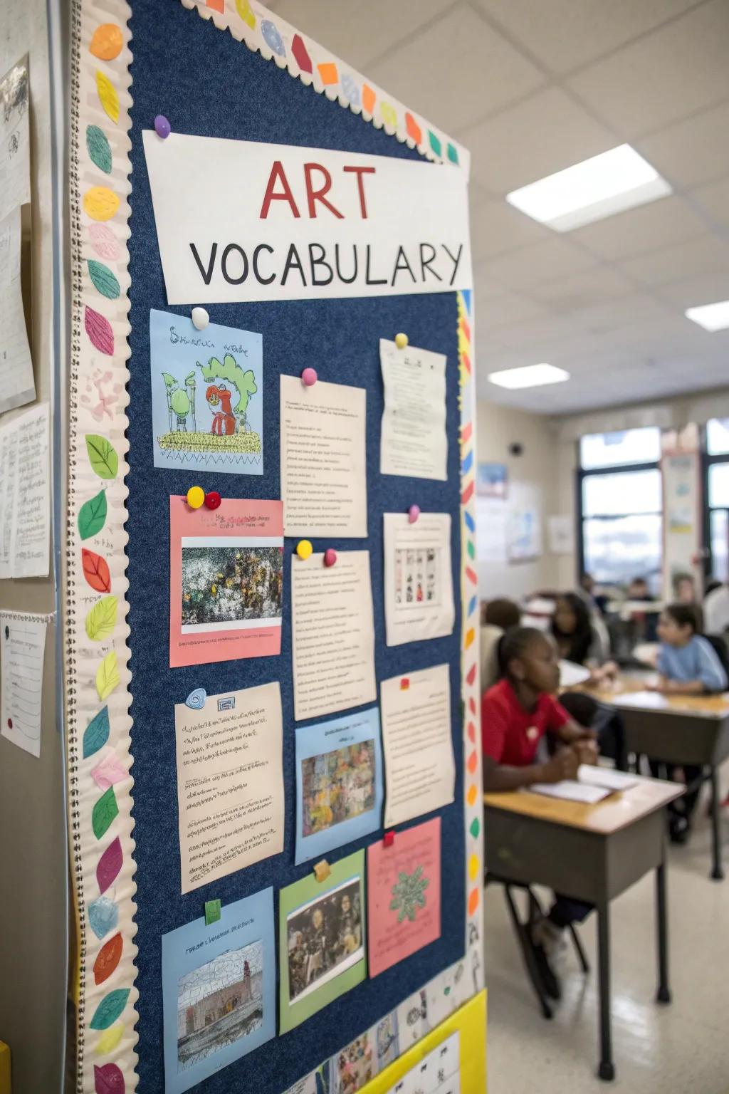 A display board with art terminology words and definitions.