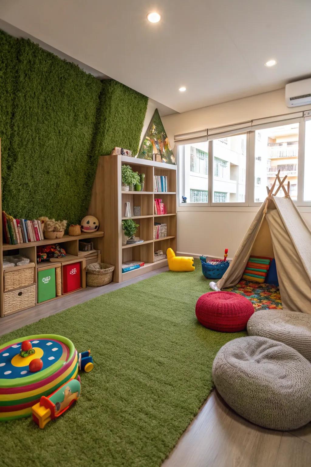 A playful children's playroom featuring a fabricated grass wall for added fun.