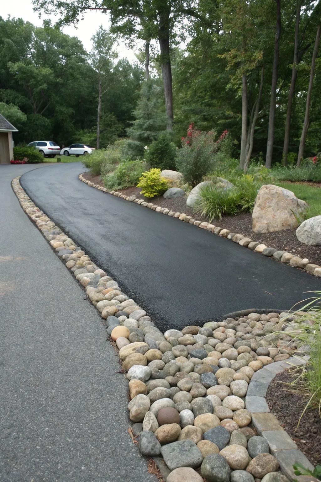 Brook stones craft natural beauty and peace for this inviting driveway.