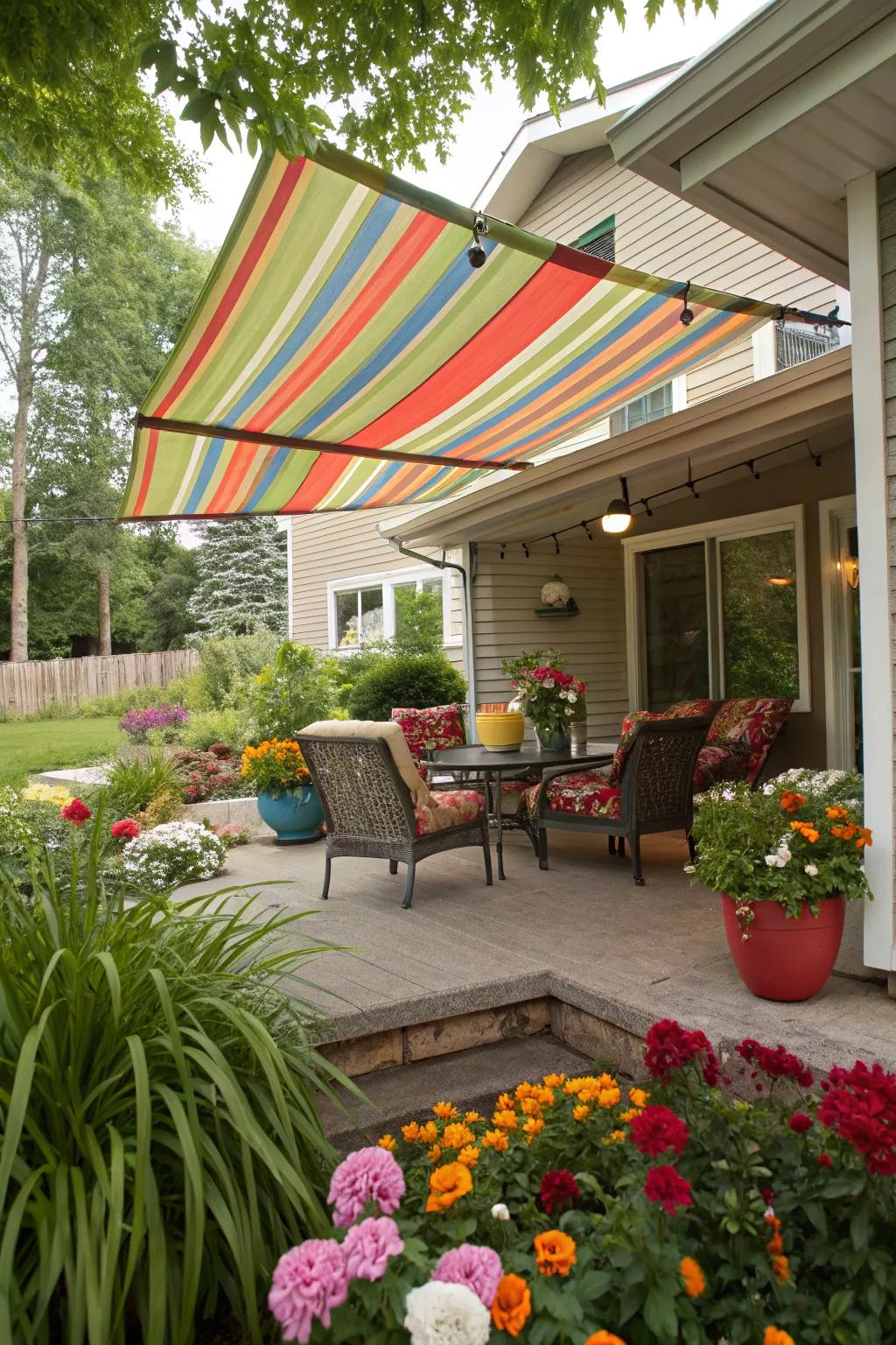 Add a splash of color through a vibrant fabric awning.