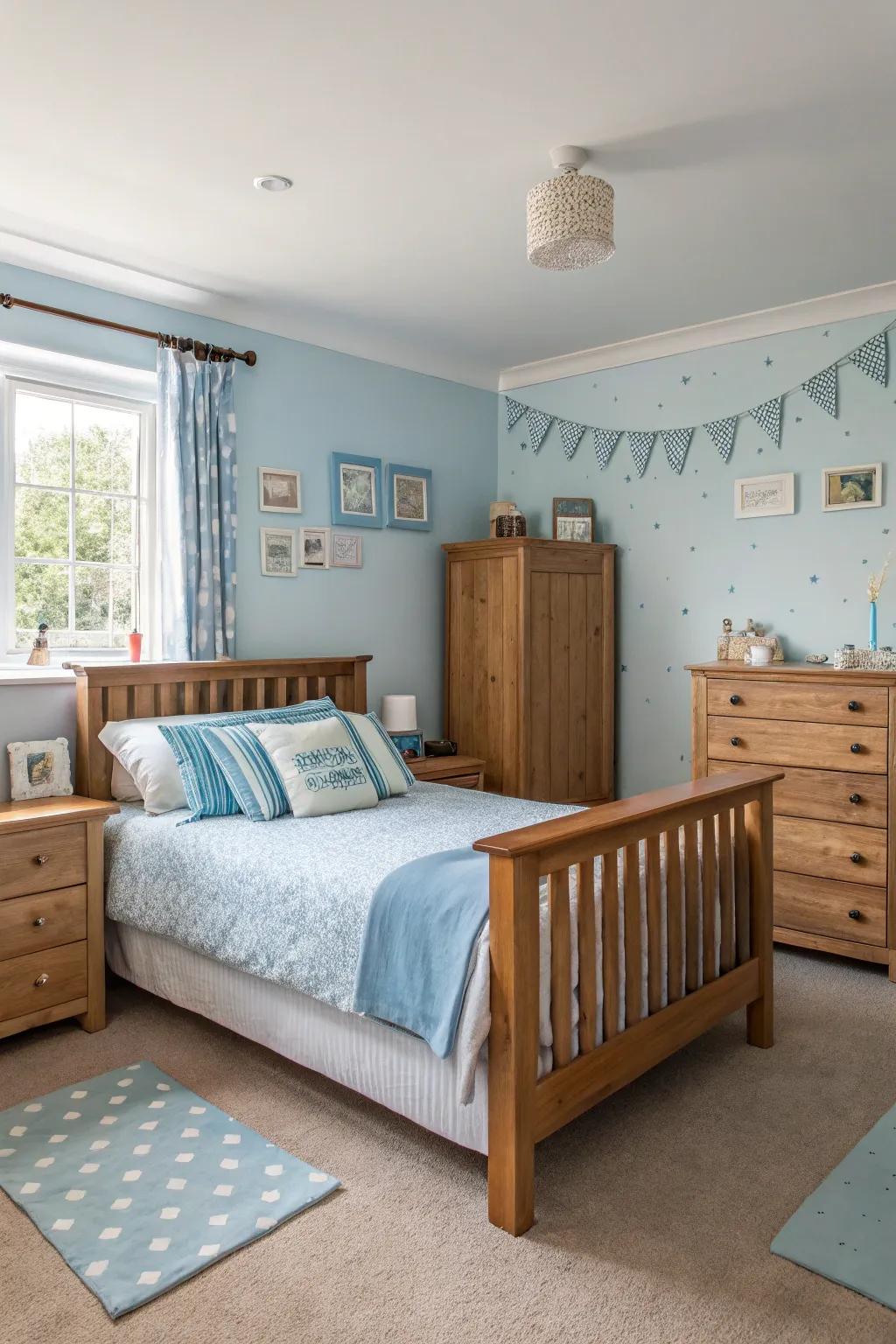 Wood accents bring warmth and balance to a pale sky bedroom.
