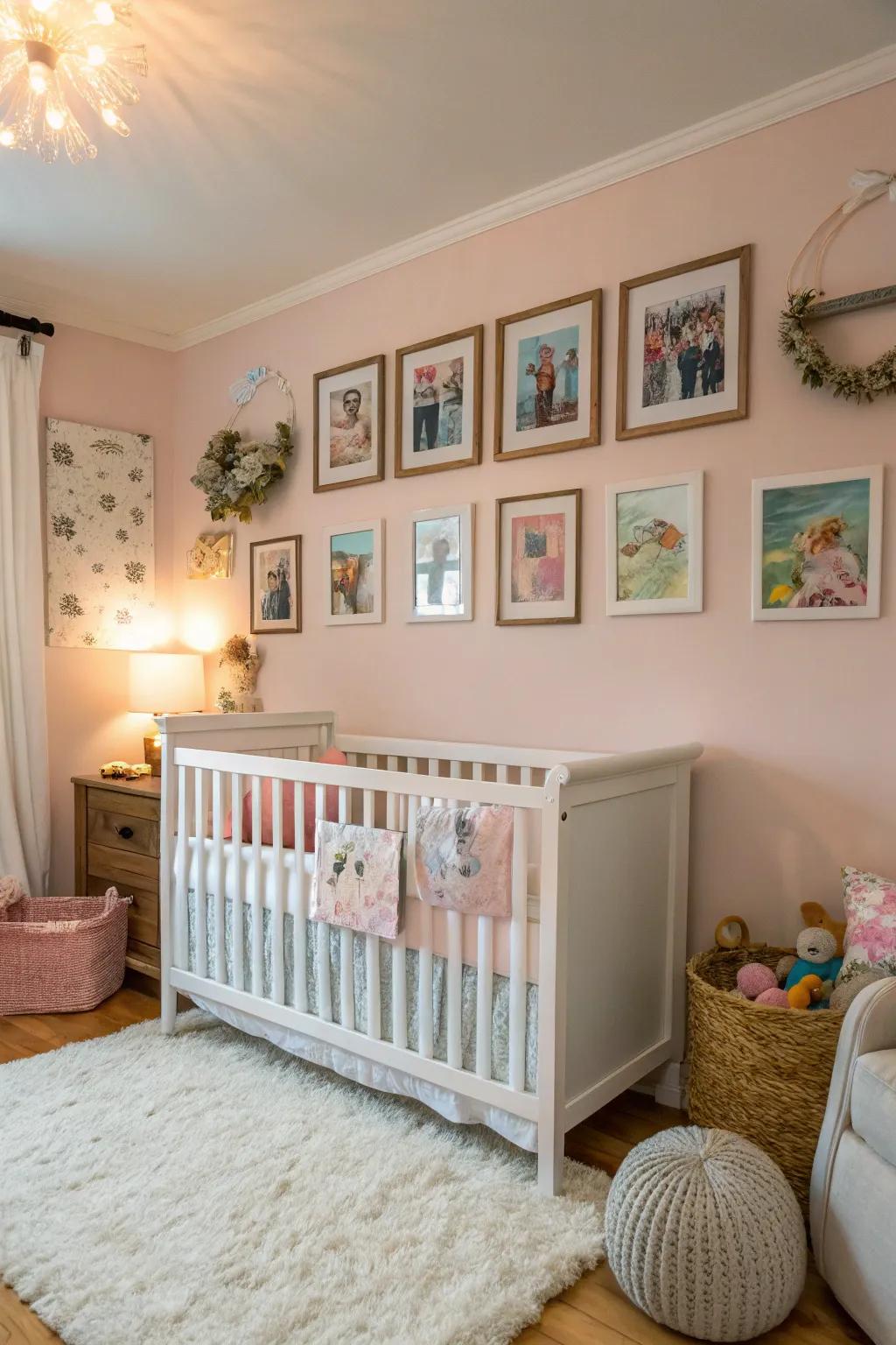 A photo wall adds warmth and a personal touch to the baby area.