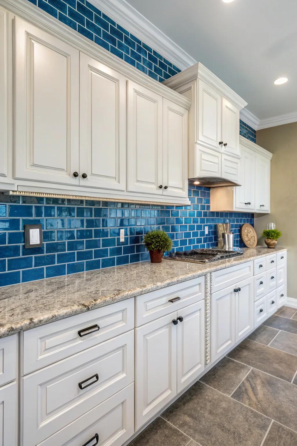 An audacious azure splashback appends a vibrant nuance to the cooking area's decor.