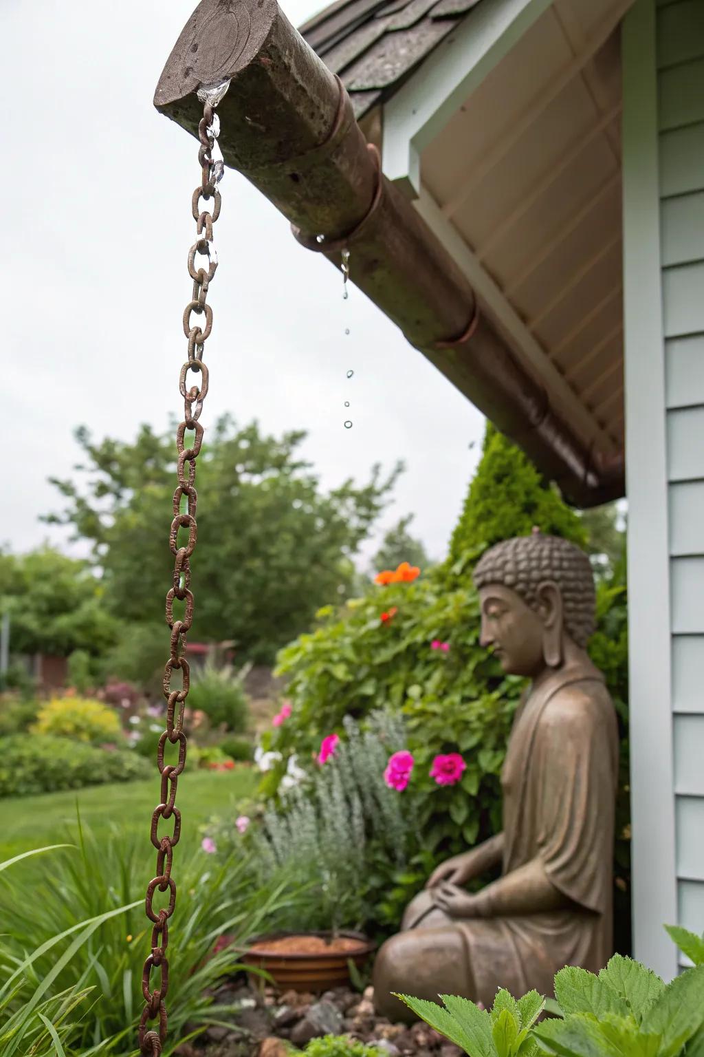 A rain chain adds a meditative water element to your garden.