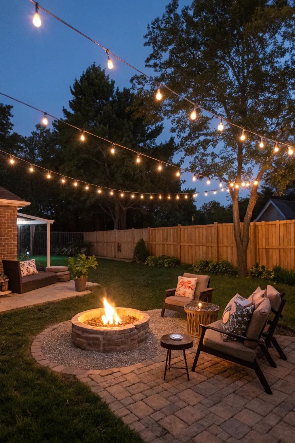 Twinkle lights add a captivating ambiance to your fire pit space.